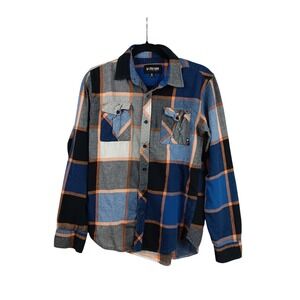 Zoo York Mens Flannel Shirt Long Sleeve Plaid Blue‎ Orange Gray Size M